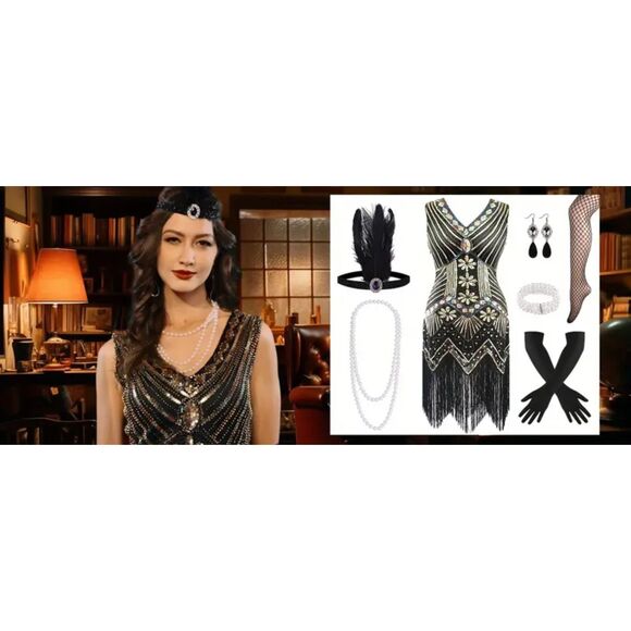 1920s V-Neck Sequin Beaded Fringed Dress Black Golden XL with 20s Accessorie Set - Picture 5 of 5